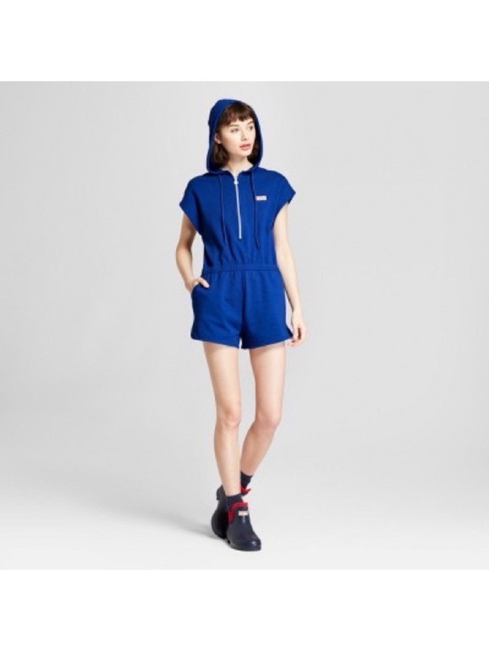 Hunter Royal Blue Hooded Short Romper with Zip Front